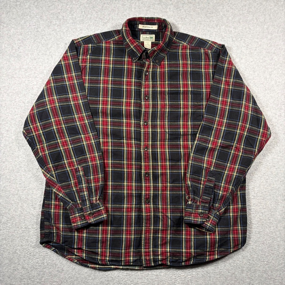 L.L. Bean Flannel Shirt Mens Large Black Red Scotch Plaid Traditional Fit VTG